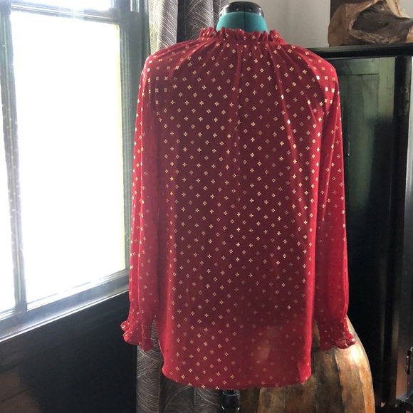 Time and Tru Red & Gold Dress Blouse w/ Ruched collar and Smocked Sleeve Cuffs - Picture 5 of 13